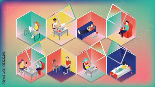 Work from home concept.Working at home.co-working space,Young people, man and woman freelancers working on laptops and computers at home.People at home in quarantine.Stay home fight agains coronavirus