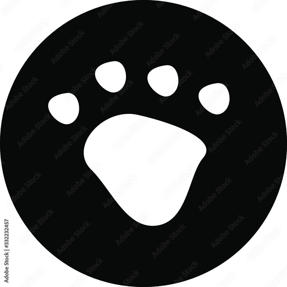 White dog or cat paw print button pet vector icon on black circle. Animal, pet, tracks, and footprints concepts. White dog or cat paw print button pet vector icon on black circle. Animal, pet, tracks, and footprints concepts.