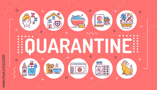 Quarantine word lettering typography. Stay at home. Isolation, period. Infographics with linear icons on red background. Isolated outline color illustration