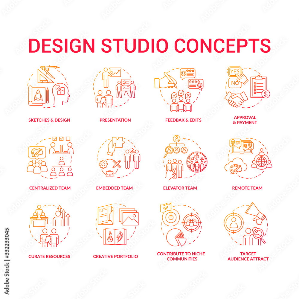 Design agency, creative workshop concept icons set. Designers team cooperation types and creative process steps idea thin line RGB color illustrations. Vector isolated outline drawings Design agency, creative workshop concept icons set. Designers team cooperation types and creative process steps idea thin line RGB color illustrations. Vector isolated outline drawings