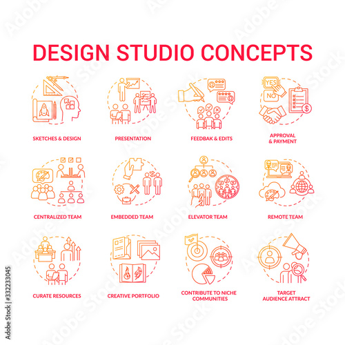 Design agency, creative workshop concept icons set. Designers team cooperation types and creative process steps idea thin line RGB color illustrations. Vector isolated outline drawings