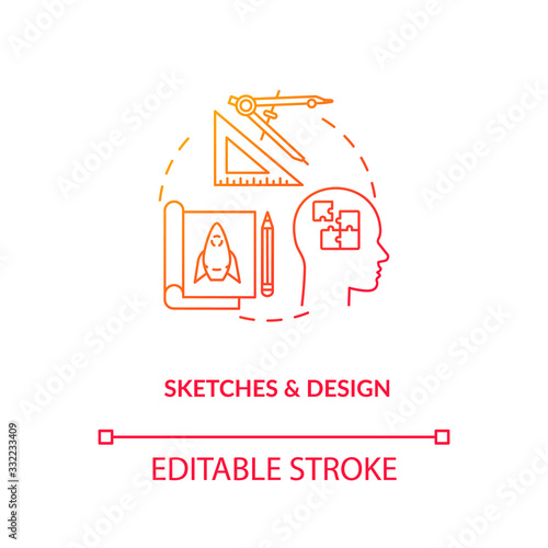 Artisans sketches and design concept icon. Paperwork, designers groundwork idea thin line illustration. Plan forming, design process step. Vector isolated outline RGB color drawing