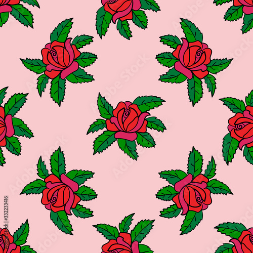 Cute cartoon doodle rose seamless pattern. Floral element background. Vector illustration. 