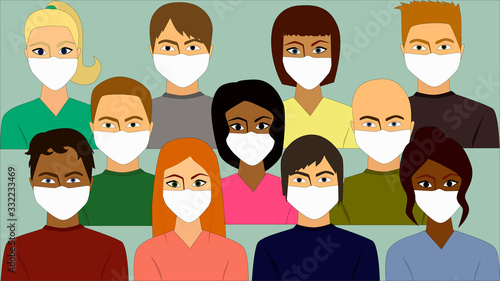 Group of African american and Caucasian people wearing medical masks to prevent disease, flu, air pollution, pollution. coronavirus