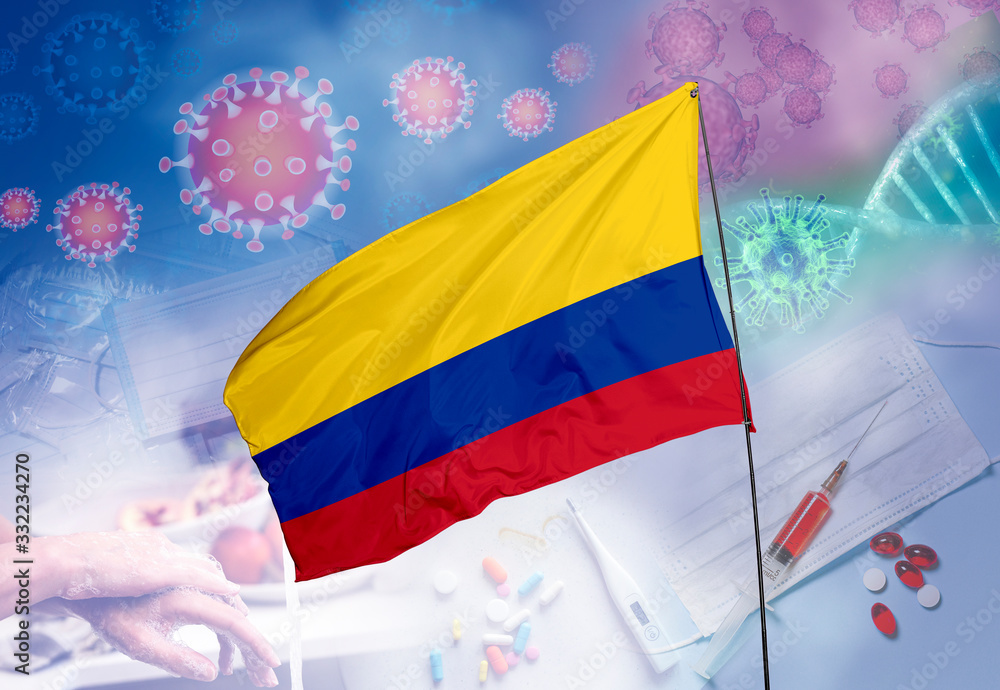 Coronavirus (COVID-19) outbreak and coronaviruses influenza background as dangerous flu strain cases as a pandemic medical health risk. Colombia Flag with corona virus and their prevention.