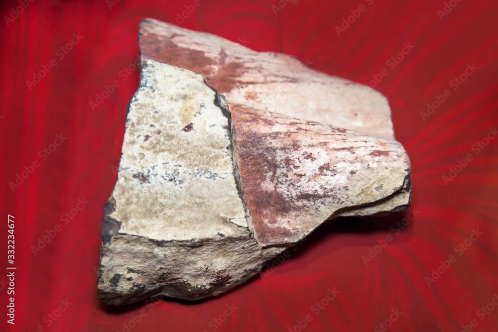 The mineral is Ferruginous quartzite crumpled into small folds on a red background. Mineralogy, fossil stones. The mineral is Ferruginous quartzite crumpled into small folds on a red background. Mineralogy, fossil stones.