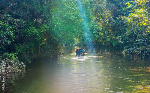 People in a canoe along a canal in the Amazon Rainforest with sunbeam, Yasuni national park, Ecuador.