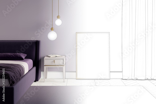 The sketch becomes a real bedroom in purple tones with a poster on the floor in a gold frame, a curtain, a lamp above the nightstand, bed, carpet and white parquet. Front view. 3d render