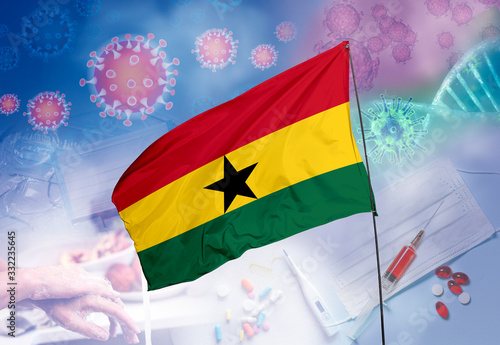 Coronavirus  COVID-19  outbreak and coronaviruses influenza background as dangerous flu strain cases as a pandemic medical health risk. Ghana Flag with corona virus and their prevention.