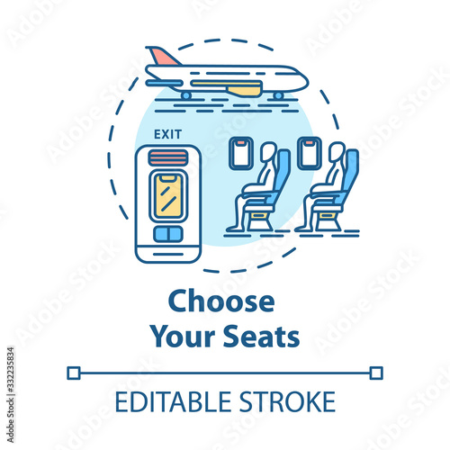 Choose your seats concept icon. Airplane tickets booking idea thin line illustration. Passenger transport seat map. Traveling by plane. Vector isolated outline RGB color drawing. Editable stroke