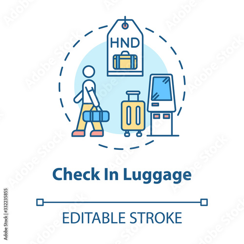 Check in luggage concept icon. Baggage control idea thin line illustration. Passenger with hand luggage in airport terminal. Vector isolated outline RGB color drawing. Editable stroke