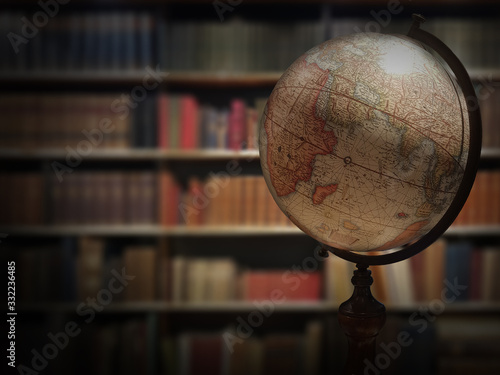 Vintage pattern of globe and books in old retro library.