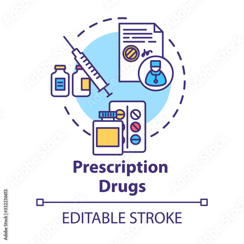 Prescription drugs concept icon. Medical pills idea thin line illustration. Doctor instruction. Patient medications bottles. Vector isolated outline RGB color drawing. Editable stroke