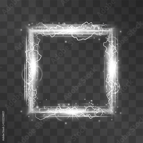 White silver laser and lighntings vector square frame isolated on transparent background. Dim lazer effect for hi tech banners, ads, posters. Crystal decoration, creative blurry design with sparkles.