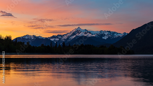 Colorful sunset over Mt Shuksan and Baker Lake