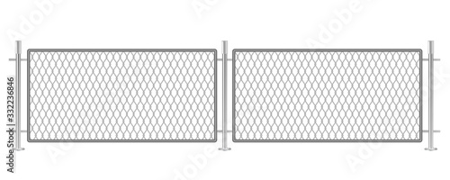 Ring fence barrier isolated on white background. Rhomb-net type of a metallic border. Security matter passage restriction fencing. Trespassing forbidden area. Prison or military territory.