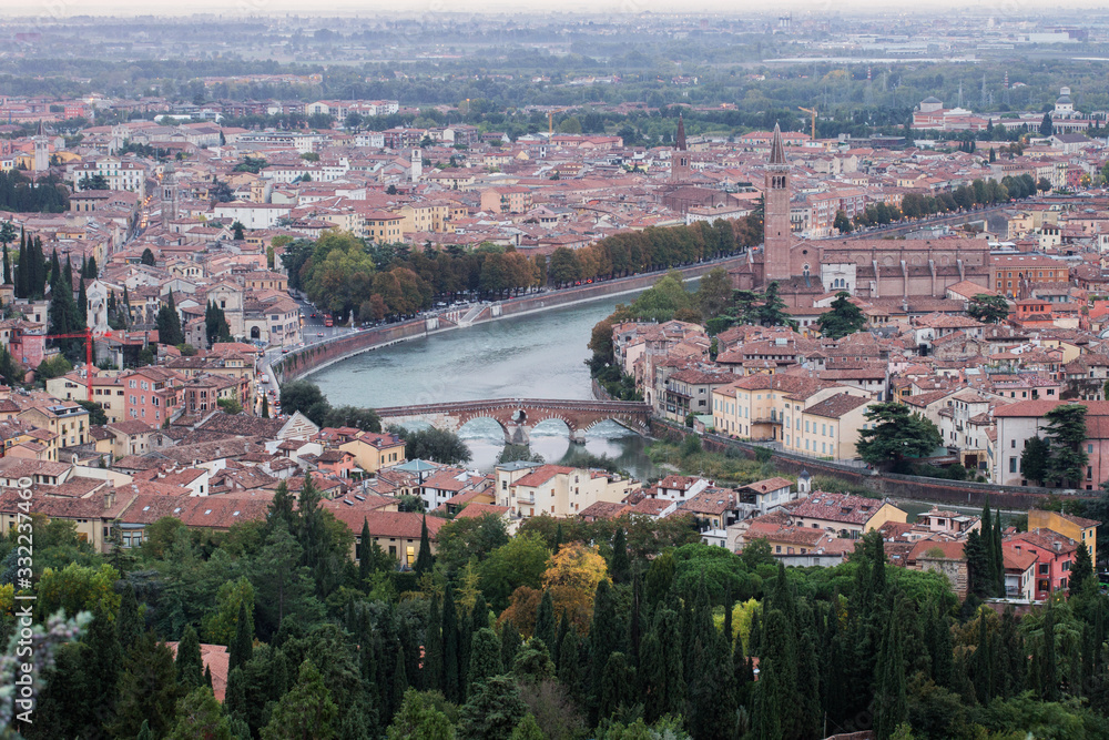 Beautiful aerial view of Verona City during summer sunrise. Italy / APRIL 21, 2019
