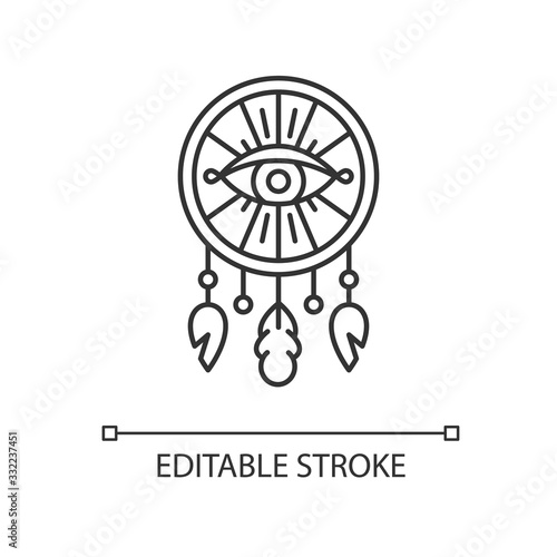 Boho style dreamcatcher with all seeing eye pixel perfect linear icon. Thin line customizable illustration. Contour symbol. Vector isolated outline drawing. Editable stroke illustration