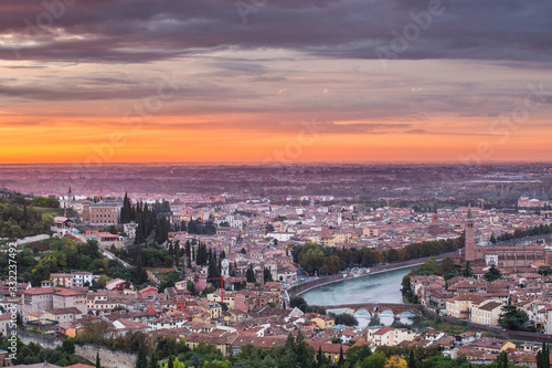 Sunrise aerial view of Verona. Veneto Italy