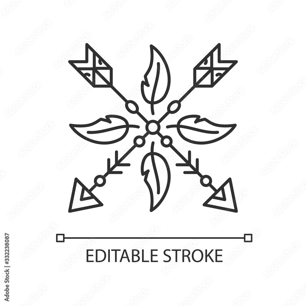 Arrows and feathers amulet in boho style pixel perfect linear icon. Bohemian accessory. Thin line illustration. Contour symbol. Vector isolated outline drawing. Editable stroke illustration