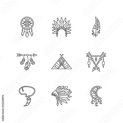 Native american indian accessories pixel perfect linear icons set. Tribe chief hat and teepee. Customizable thin line contour symbols. Isolated vector outline illustrations. Editable stroke