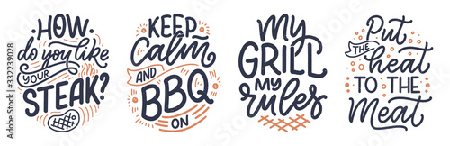 Set with Bbq fun slogans, great design for any purposes. Lettering for family dinner design. Funny print, poster and banner with phrase about barbeque. Vector