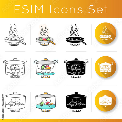 Cooking process icons set. Linear, black and RGB color styles. Different food preparation methods, various culinary techniques. Frying, steaming and stewing isolated vector illustrations