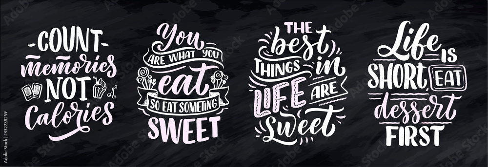 Set with funny sayings, inspirational quotes for cafe or bakery print.  Embossed tape and brush calligraphy. Dessert lettering slogans in hand  drawn style. Vector Stock Vector | Adobe Stock