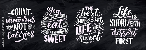 Set with funny sayings, inspirational quotes for cafe or bakery print. Embossed tape and brush calligraphy. Dessert lettering slogans in hand drawn style. Vector