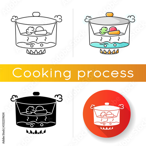 Steaming icon. Linear black and RGB color styles. Cooking food on vapor over boiling water. Meal preparation method, culinary technique. Steamer with vegetables isolated vector illustrations