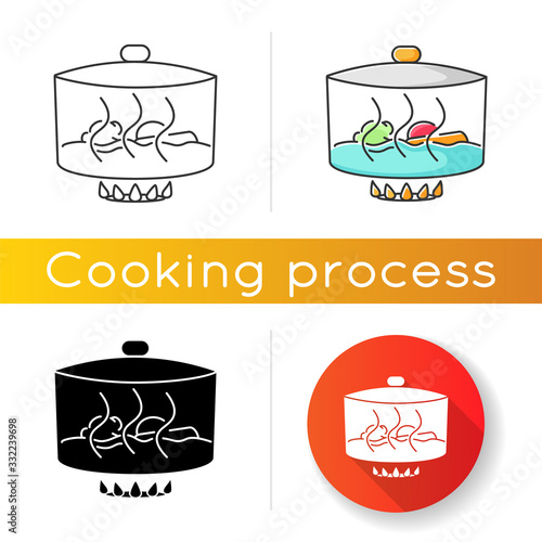 Stewing icon. Linear black and RGB color styles. Delicious gravy, goulash preparation process. Cooking method, culinary technique. Pan with meat and vegetables isolated vector illustrations