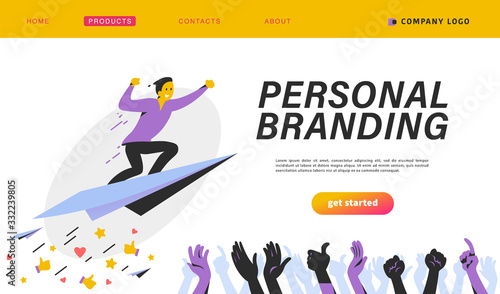 Personal brand design concept with businessman fly upwards on paper plane, like thumb up icons, human hands celebrate and applause. Landing page template, mobile app, ui. Vector flat illustration.