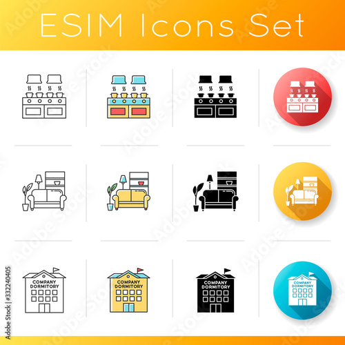 Company dormitory icons set. Communal kitchen. Corporate accommodation. Shared living room. Common bedroom. Apertment interior. Linear, black and RGB color styles. Isolated vector illustrations