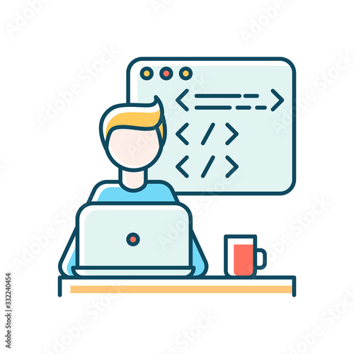 Web developer blue RGB color icon. Computer software development, PC application design, platform testing. Programming, coding and UI designing process. Isolated vector illustration