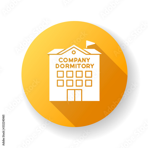 Company dormitory yellow flat design long shadow glyph icon. Housing complex. Accommodation for employees. Housing facilities. Residential area. Apartment block. Silhouette RGB color illustration