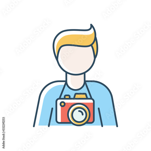 Freelance photographer, operator blue RGB color icon. Photojournalist, paparazzi, cameraman. Photo studio employee, professional camerist. Photography art. Isolated vector illustration