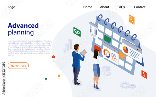 Planning schedule concept banner with business people. Web page design templates for advanced planning. Man and woman make a plan, schedule of meetings, tasks. Planning schedule and calendar concept