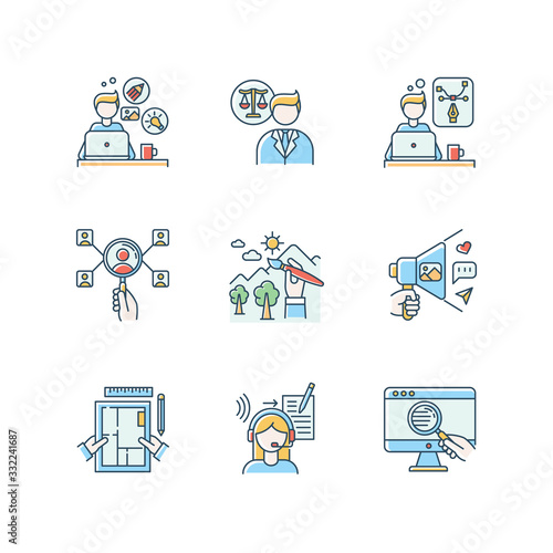Remote employees RGB color icons set. Creative and graphic design, transcription and HR management, web research. Illustrator and social media coordinator. Isolated vector illustrations