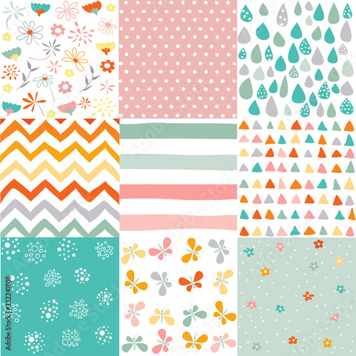 Spring, easter patterns. Vector seamless backgrounds.