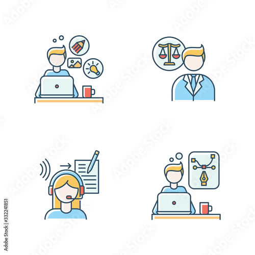 Distant workers RGB color icons set. Creative and graphic design, transcription and legal service. Freelance lawyer and designer, linguist, translator. Isolated vector illustrations