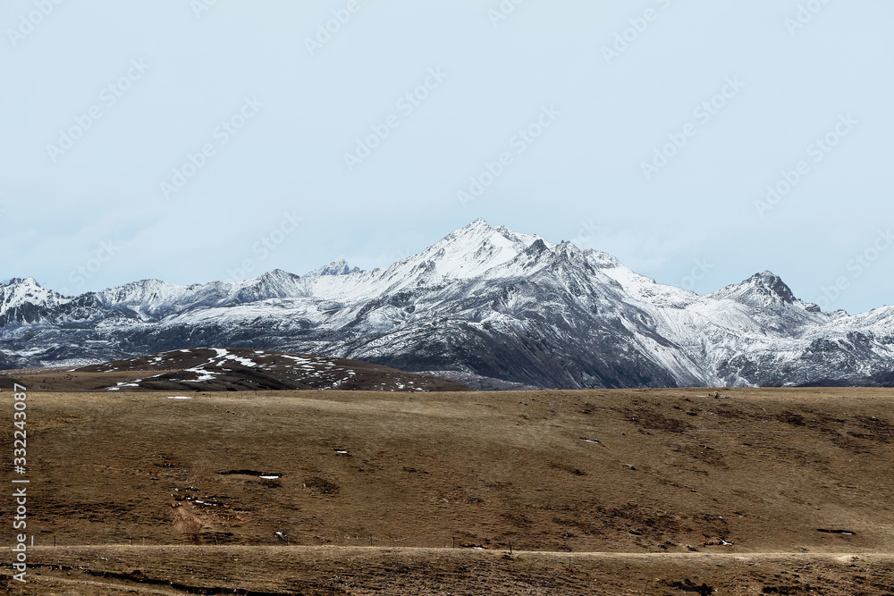 winter landscape of snow mountain with grassland 