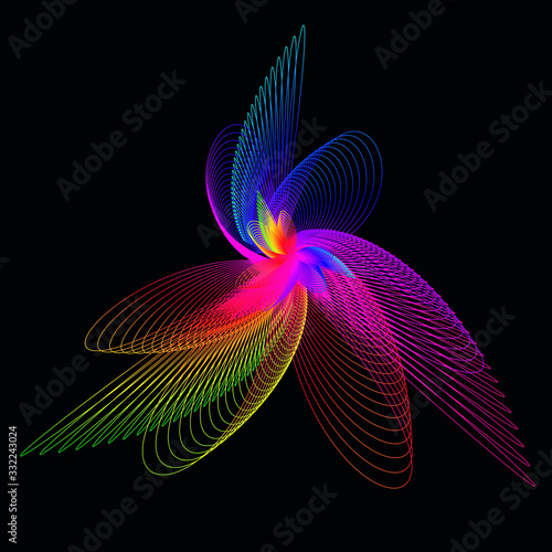 An abstract rainbow colored pattern over a black background.
