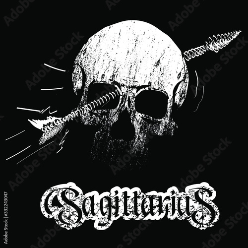 vector illustration of a skull with an arrow symbolizing the zodiac sign sagittarius isolated on black