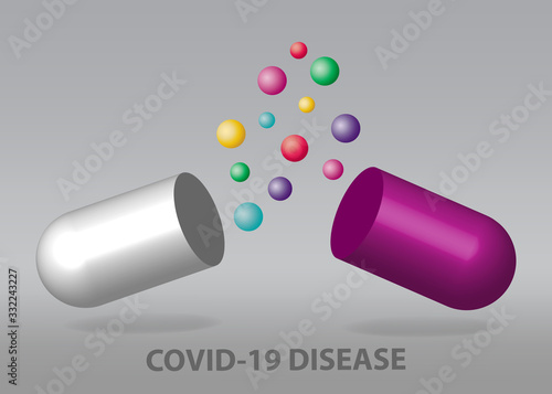 Drug development for COVID-19 concept vector showing halved capsule with flying colored pills ready for your text. All on the gray background.