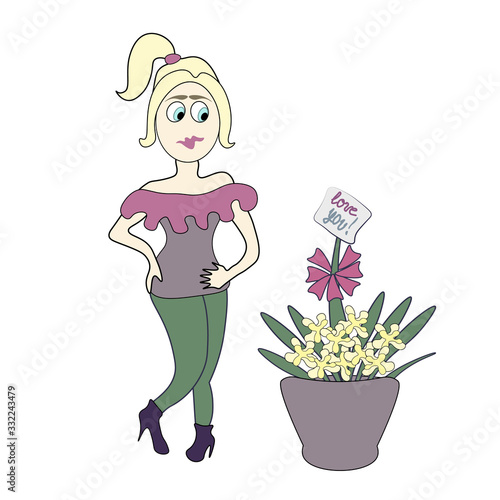 Character girl surprise flowers declaration of love