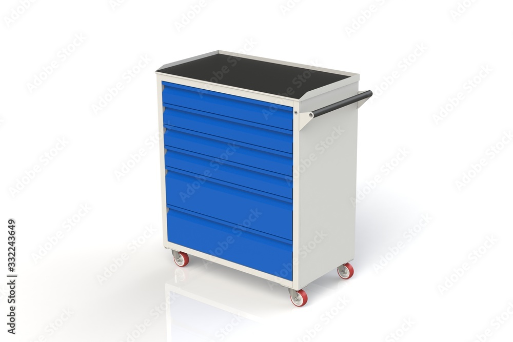 Metal tool cabinet on wheels with drawers. A convenient place for storing tools and spare parts. Metal furniture. 3D-model rendering of the table for shooting from above. Metal tool cabinet on wheels with drawers. A convenient place for storing tools and spare parts. Metal furniture. 3D-model rendering of the table for shooting from above.