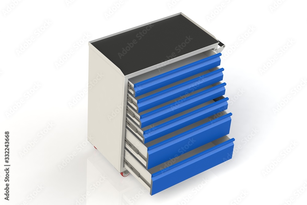 Metal tool cabinet on wheels with drawers. A convenient place for storing tools and spare parts. Metal furniture. 3D-model rendering of the table for shooting from above. Metal tool cabinet on wheels with drawers. A convenient place for storing tools and spare parts. Metal furniture. 3D-model rendering of the table for shooting from above.