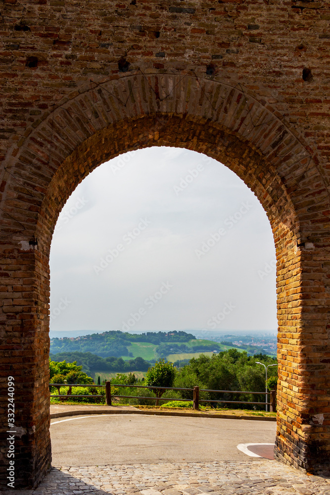 Gradara medieval city wall arch in the borgo of Gradara, Province of Pesaro and Urbino, Marche Region, Italy