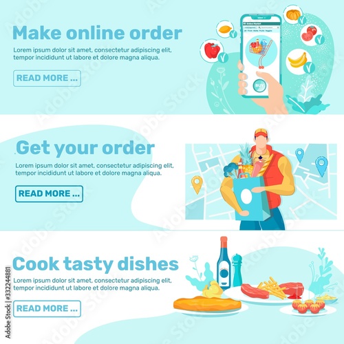Food Ordering Steps Web Banner Flat Templates Set