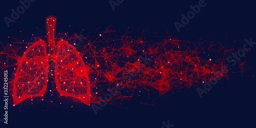 Futuristic medical concept with red human lungs. Abstract geometric design with plexus effect on dark background. Healthcare and pulmonology banner with copy space.
